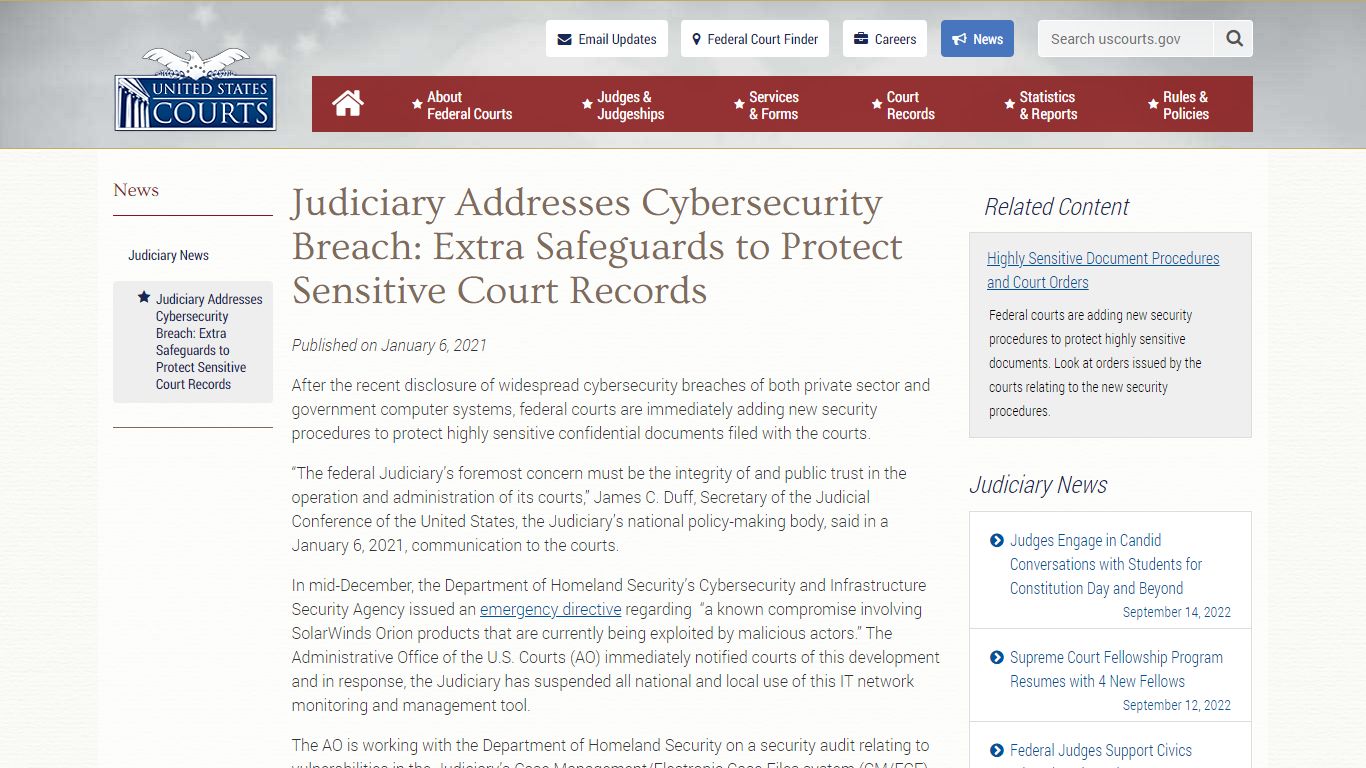Judiciary Addresses Cybersecurity Breach: Extra ... - United States Courts