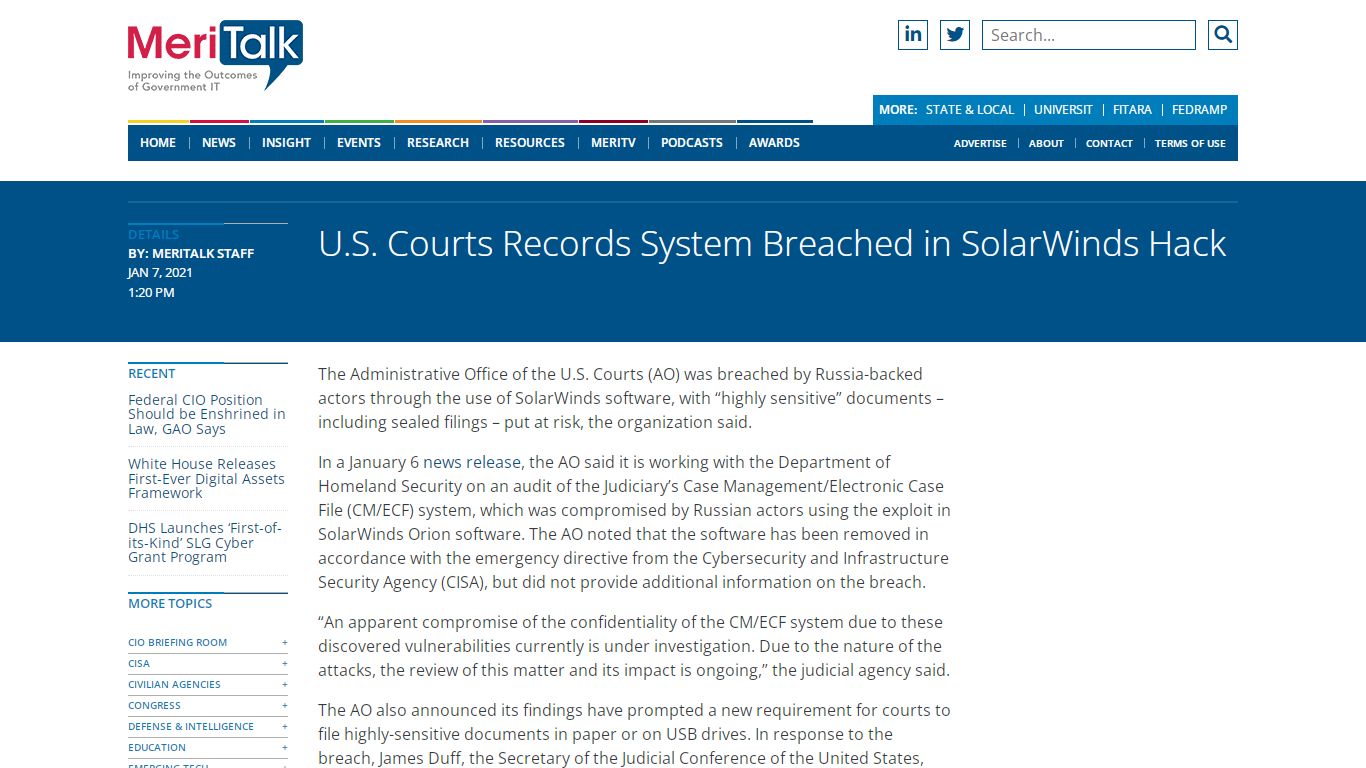 U.S. Courts Records System Breached in SolarWinds Hack