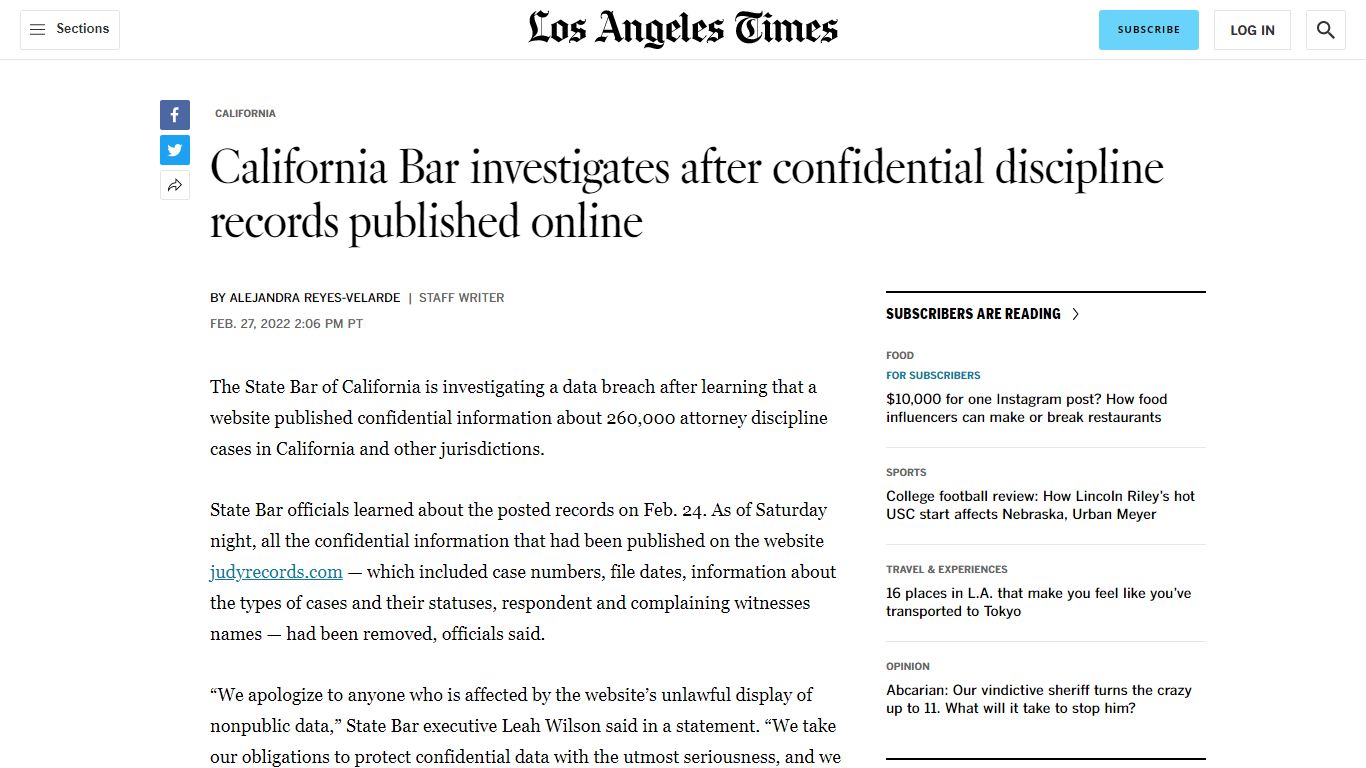 California Bar investigates after confidential records published - Los ...